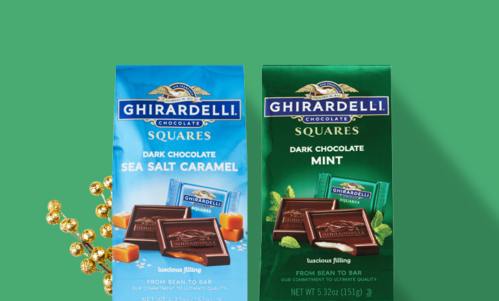 Bags of Ghirardelli sea salt caramel and dark chocolate squares and dark chocolate mint squares