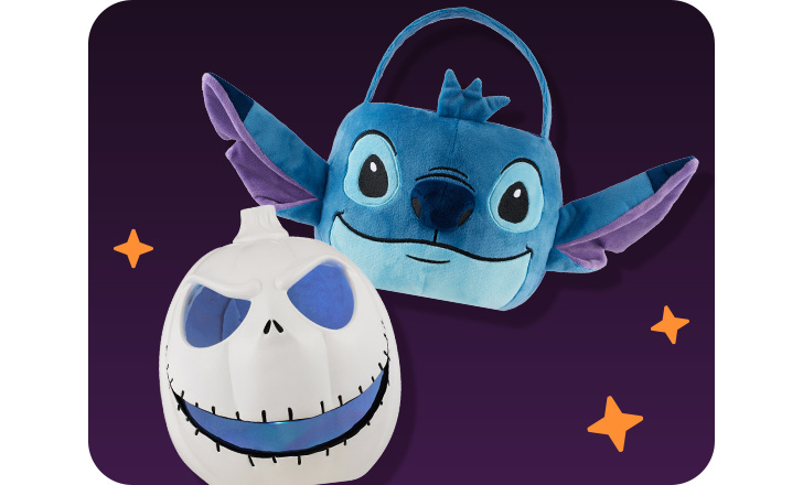 A plush skeleton mask and Lilo and Stitch Halloween bucket.