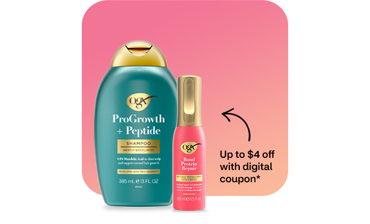 OGX ProGrowth + Peptide shampoo and protein repair, up to $4 off with digital coupon.