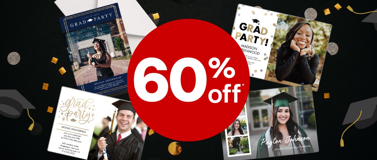 60% off. Personalized graduation photo cards against a black background with confetti and graduation caps