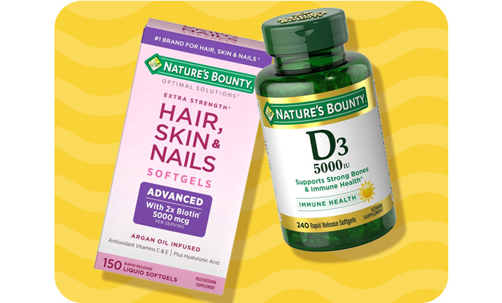 Nature's Bounty Hair, Skin and Nails softgels and Nature's Bounty D3 supplements.