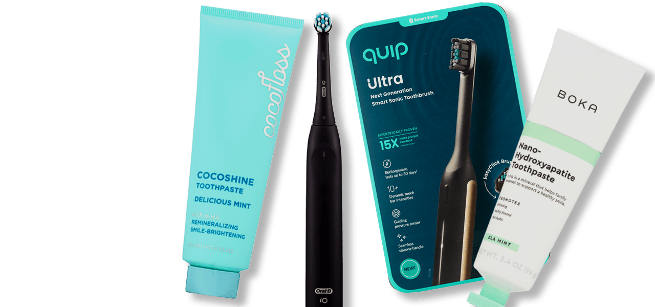 Crest Whitestrips, Cocofloss toothpaste, Quip toothbrush and Boka toothpaste