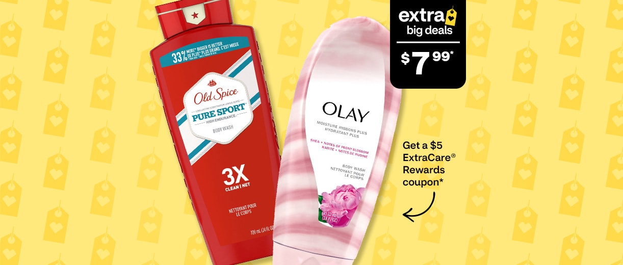Extra Big Deals, $7.99 each. Get a $5 ExtraCare Rewards coupon. Old Spice and Olay body wash.