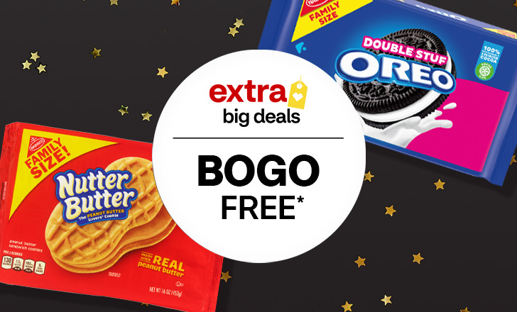 “Buy one, get one free" offer dot next to Oreo and Nutter Butter cookies.