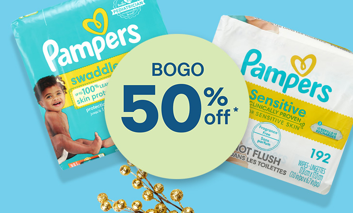 Buy one, get one 50 percent off, Pampers swaddlers and sensitive diapers.