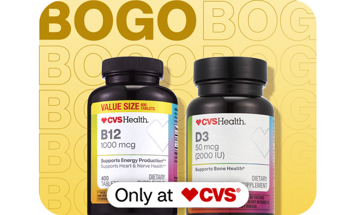 Buy 1, get 1 50% off. Only at CVS. CVS Health B12 and D3 supplements..