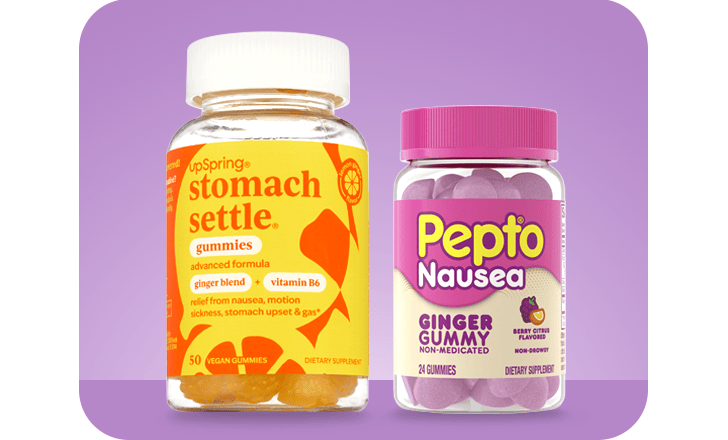 upSpring stomach settle gummies and pepto nausea ginger gummy