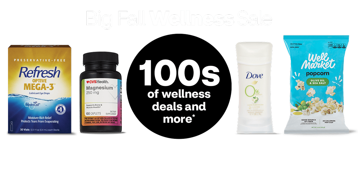 Big Fall Wellness Sale. Save 100s on wellness deals and more. Products shown include supplements, deodorant and popcorn.