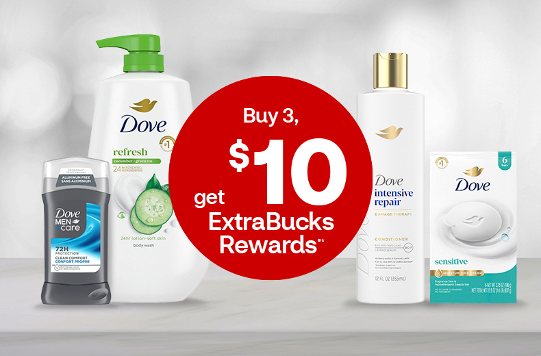 Buy 3, get $10 ExtraBucks Rewards. Dove men's deodorant, Dove Refresh body wash, Dove Intensive Repair conditioner, Dove Sensitive soap.