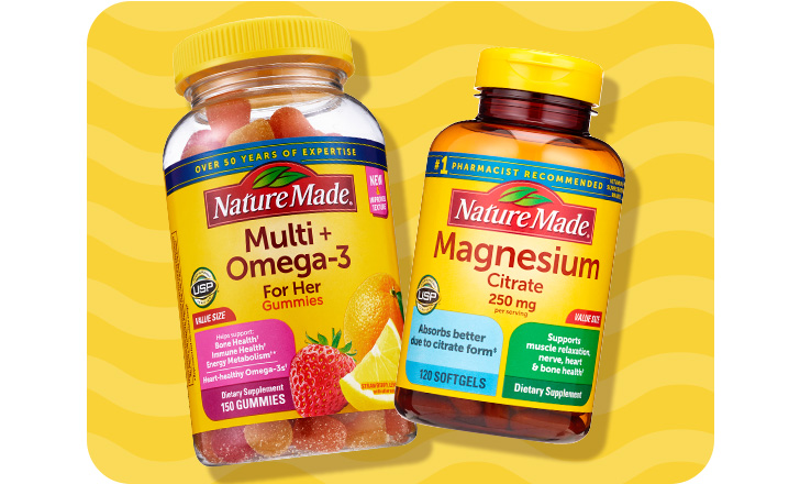 Nature Made Multi Omega-3 For Her Gummies and Nature Made Magnesium Citrate supplements.