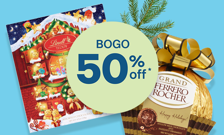 Buy one, get one 50 percent off, Lindt Teddy assorted chocolates and Ferrero Rocher gift box