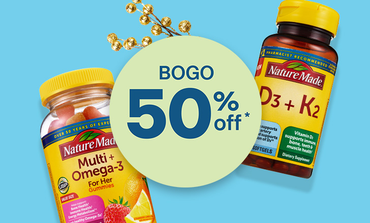 Buy one, get one 50 percent off, Nature made Multi Omega 3 gummies and D3 + K2 softgels.
