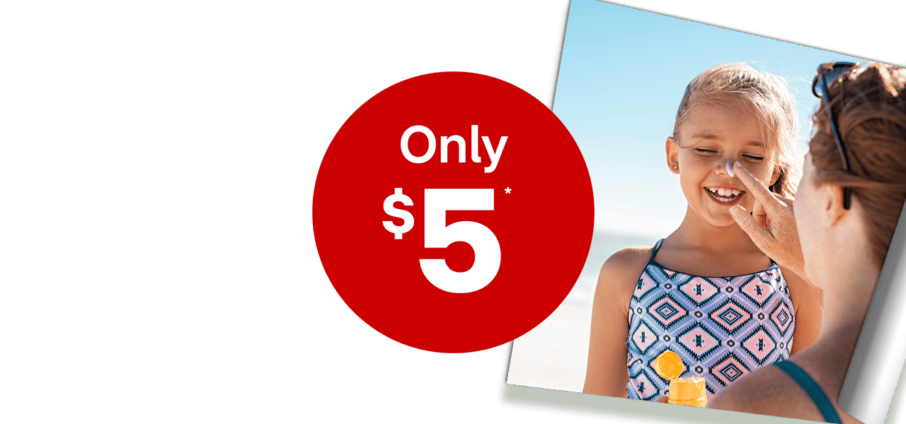 Only $5. A poster slightly rolled at the top with a pug wearing sunglasses on a surf board on the water. A photo of a parent putting sunscreen on a child's nose at the beach.