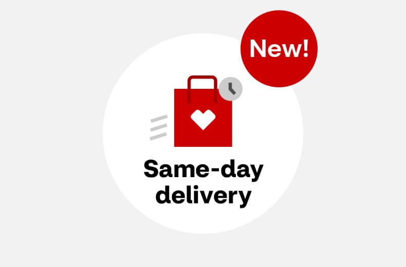 New! Same-day delivery. Pictogram of CVS shopping bag with clock