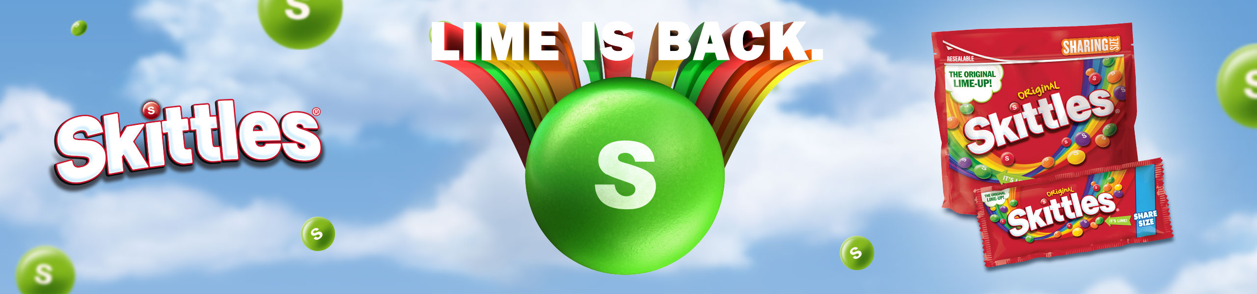 Skittles® Lime is back. Reusable. Sharing Size. The original Lime-Up! Original Skittles. It's lime. Share size.