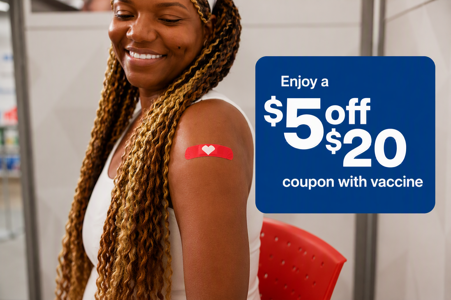 A patient is happy to get a bandage placed on their arm after a successful vaccination. Enjoy a $5 off $20 coupon with vaccine.
