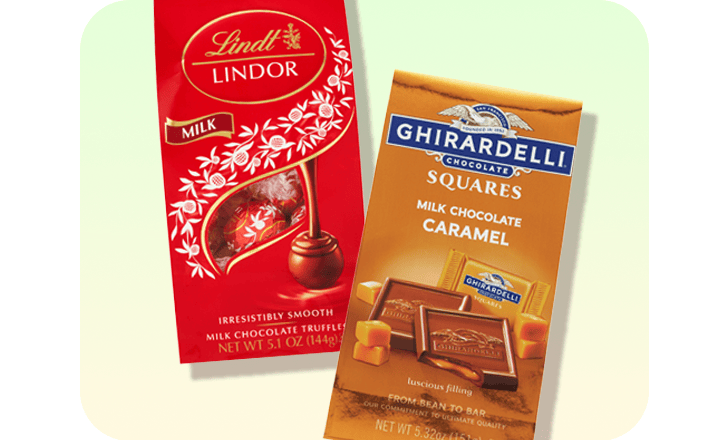 Lindt Milk Chocolate truffles and Ghirardelli Milk Chocolate Caramel squares