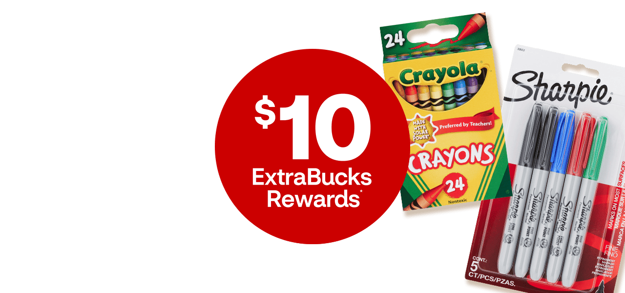 $10 ExtraBucks Rewards. Back-to-school supplies on display, including Post-it Notes, Bic mechanical pencils, Crayola crayons and Sharpie markers against a yellow notebook paper background.