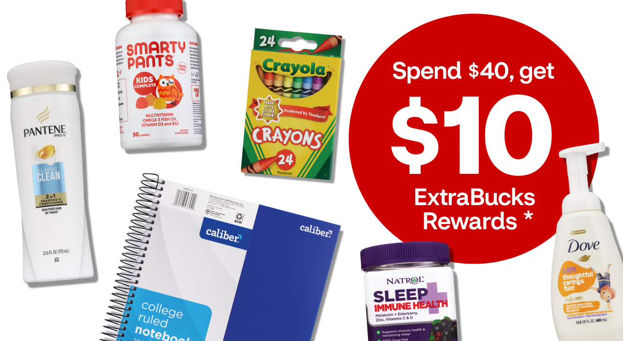 Spend $40, get $10 ExtraBucks Rewards. Pantene, Caliber, Smarty Pants, Crayola, Dove and Natrol products.