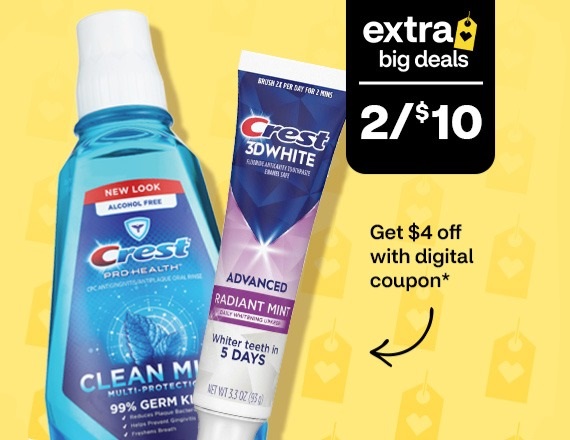 Two for $10, get $4 off with digital coupon, Crest mouthwash and toothpaste