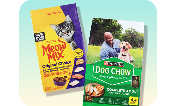 Meow Mix cat food and Purina Dog Chow