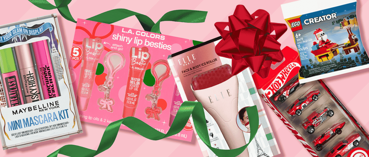 Holiday gifts including Maybelline Mini Mascara Kit, L.A. Colors lip oils gift set, Elle face and body ice roller, Lego Santa Creator set and Hot Wheels car set