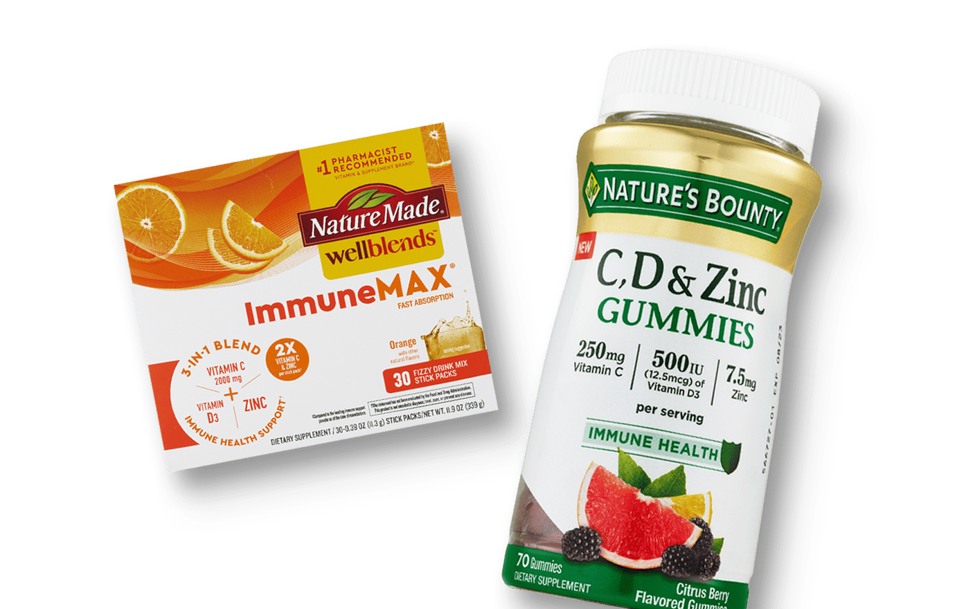 Immunity support supplements, Nature Made and Nature's Bounty examples
