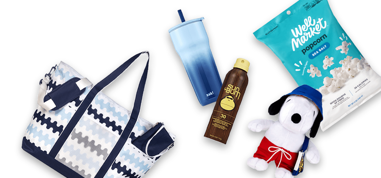Tote bag, Sun Bum sunscreen, blue tumbler, snoopy plush doll and Well Market popcorn against a blue background with a sun