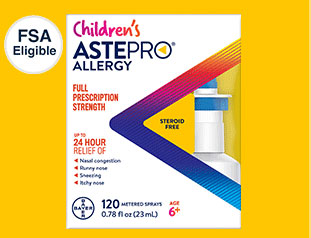 Four panels showing 60 & 120 metered sprays of 2 Astepro and 2 Children’s Astepro products.