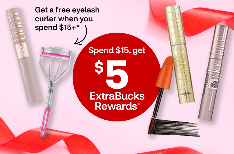 Spend $15, get $5 ExtraBucks Rewards, get a free eyelash curler when you spend $15 plus, Maybelline mascara, an eyelash curler, mascara applicator and red ribbon on a pink background