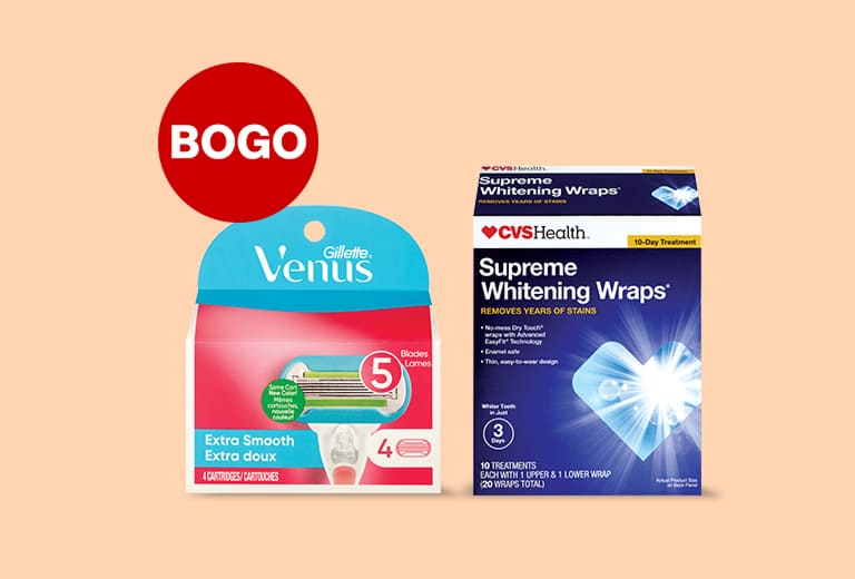 Bogo on select personal care products. Products shown include Venus razor cartridges and CVS brand teeth-whitening strips.