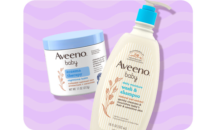 Aveeno Baby Eczema therapy nighttime balm and Aveeno Baby wash and shampoo.