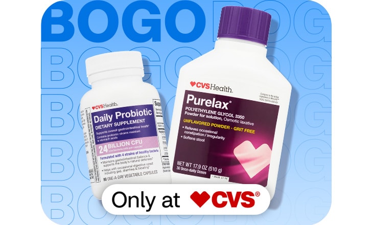 Only at CVS. Buy 1, get 1 50% off. CVS Health Purelax and CVS Health Daily Probiotic.