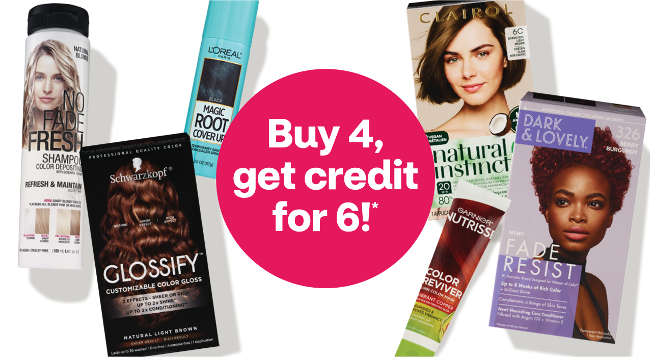 Buy 4 get credit for 6 hair color products