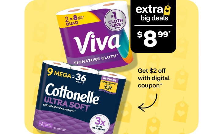 Extra Big Deals, $8.99. Get $2 off with digital coupon. Cottonelle Ultra Soft and Viva toilet paper