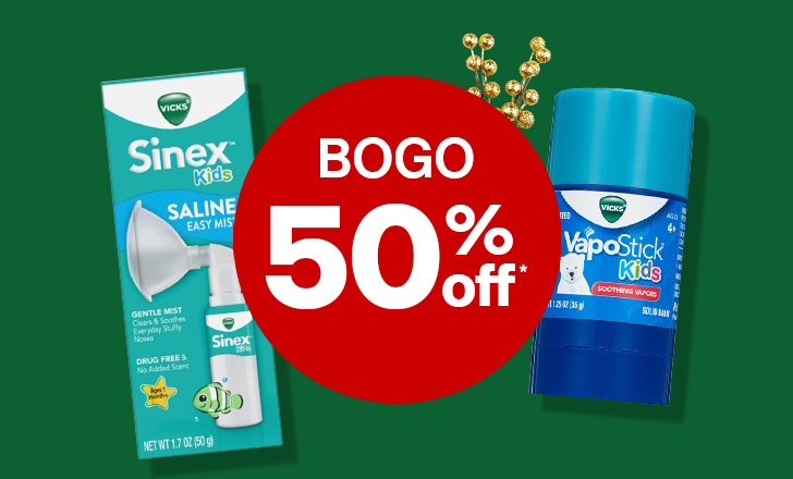 “Buy one, get one 50% off" offer dot next to Vicks Sinex Kids saline spray and Vicks Kidas VapoStick.