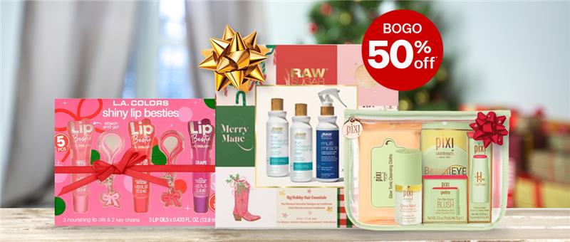 Holiday gift sets with beauty products surrounding a red offer dot reading "buy one, get one 50% off."
