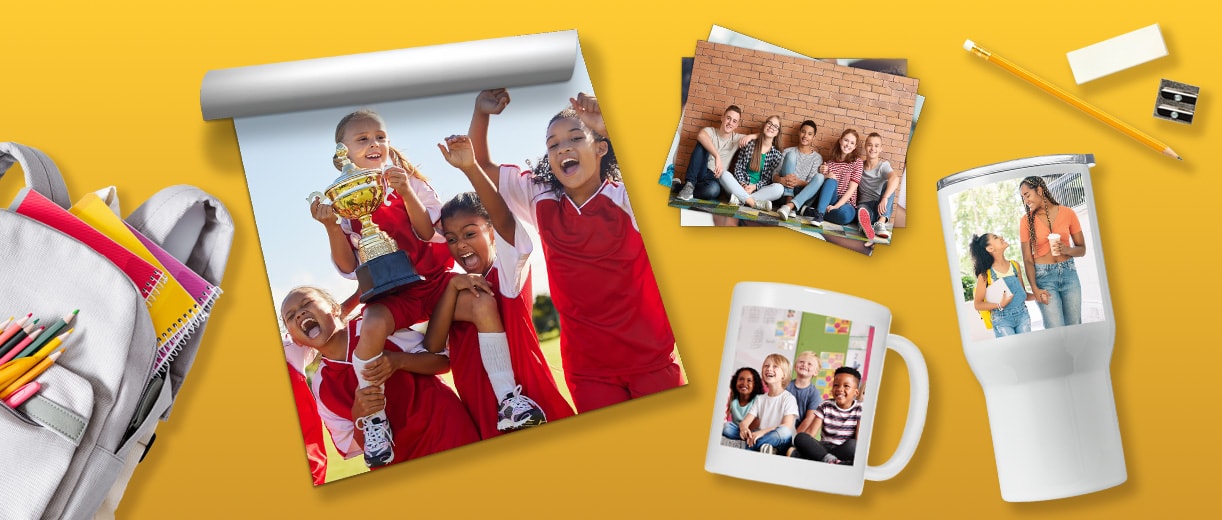 Personalized school photo gifts, including a canvas photo of a team cheering and holding a trophy, a photo of a group of kids posing against a brick wall, a white tumbler with a photo of a parent and student holding hands walking into school, a personalized mug of kids smiling in a classroom and a grey backpack with pencils and notebooks sticking out