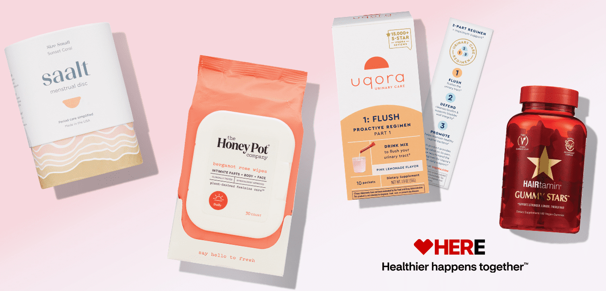 Shop new products from brands like Saalt, the honeypot company Uquora and HairTamin. Logo with the words Here healthier happens together. The word her inside of here is highlighted in red.