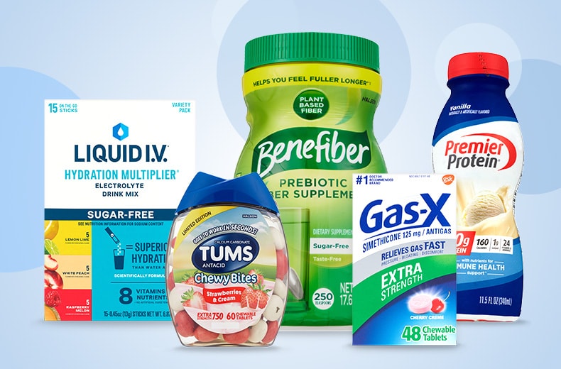 Display of digestive support products for GLP-1 support, including Benefiber, Tums, Liquid I.V., Gas-X and Premier Protein.