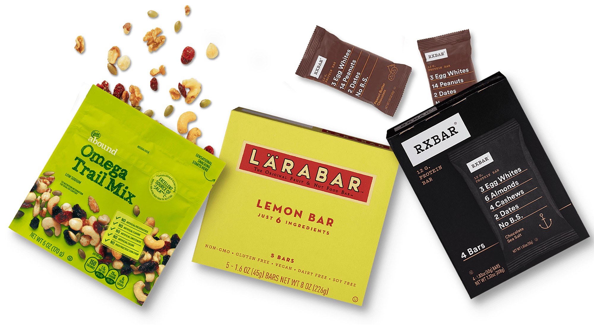 Health snacks, showing Omega Trail Mix, Larabar® Lemon Bar and RXBAR® Protein bar