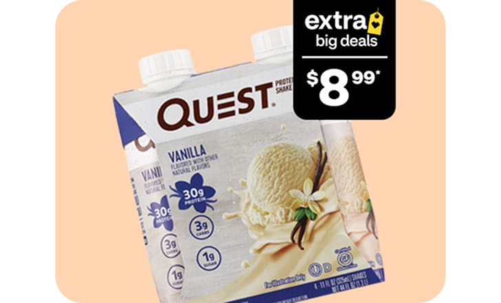 Extra Big Deals starting at $8.99 for products like Quest nutritional shakes.