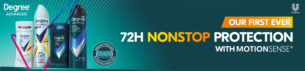 Degree Advanced 72H Product Image Our first ever 72H Nonstop Protection with motion sense® Unilever logo