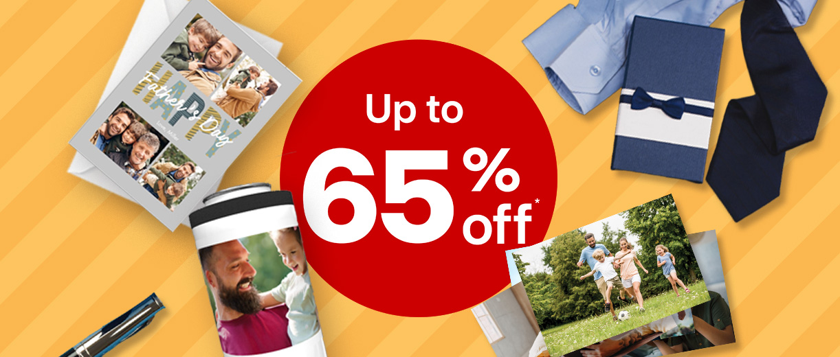 Up to 65% off personalized photo gifts for Father's Day, including photo cards and can coolers next to ties and dress shirts
