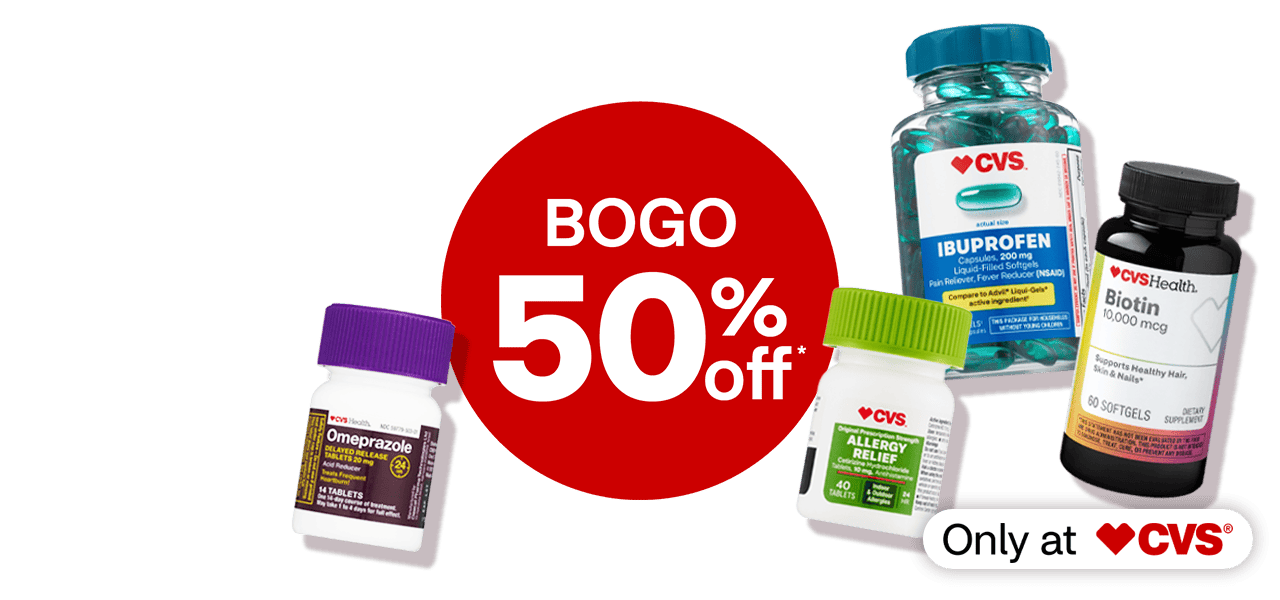 Only at CVS, buy 1, get 1 50% off, CVS Health Honey Lemon cough drops, Ibuprofen, Biotin supplements, allergy relief medicine and Omeprazole tablets