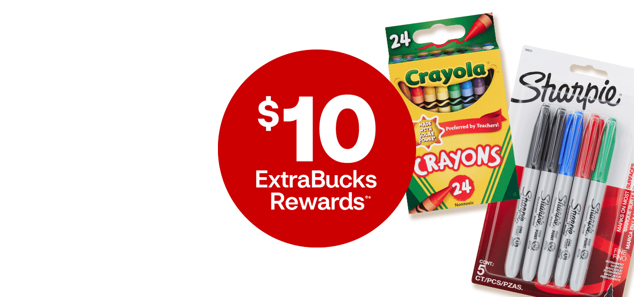 $10 ExtraBucks Rewards. Back-to-school supplies on display, including Post-it Notes, Bic mechanical pencils, Crayola crayons and Sharpie markers against a yellow notebook paper background.