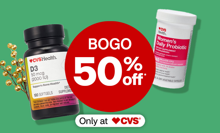 “Buy one, get one 50% off" offer dot next to CVS Health vitamin D3 and Women's Probiotic supplements.