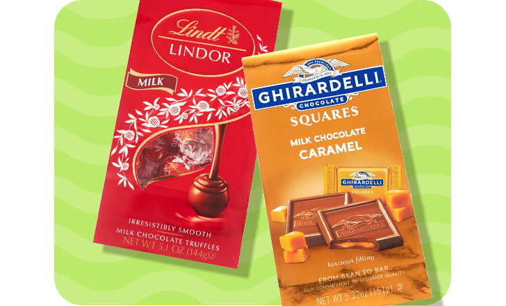 Lindt-Lindor milk chocolate truffles and Ghirardelli milk chocolate caramel squares