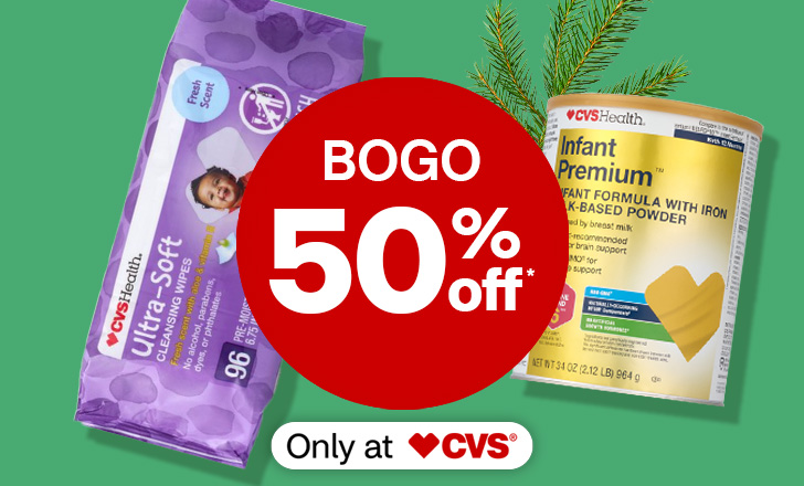 “Buy one, get one 50% off" offer dot next to CVS baby wipes and infant premium formula.