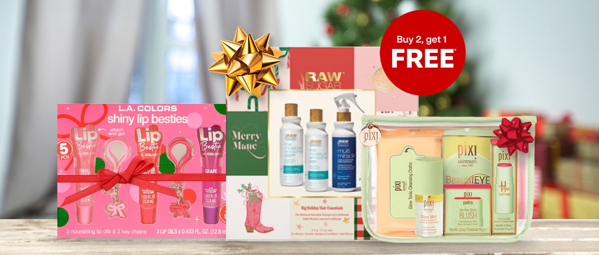 Buy two, get one free, L.A.Colors shiny lip besties, Raw Sugar Merry Mane and Pixi skin care gift sets